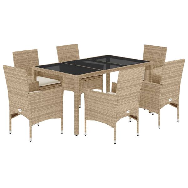 vidaXL 7-tlg. Garten-Essgruppe mit Kissen Beige Poly Rattan und Glas