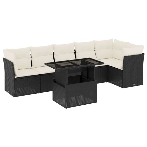 vidaXL 7-tlg. Garten-Sofagarnitur mit Kissen Schwarz Poly Rattan