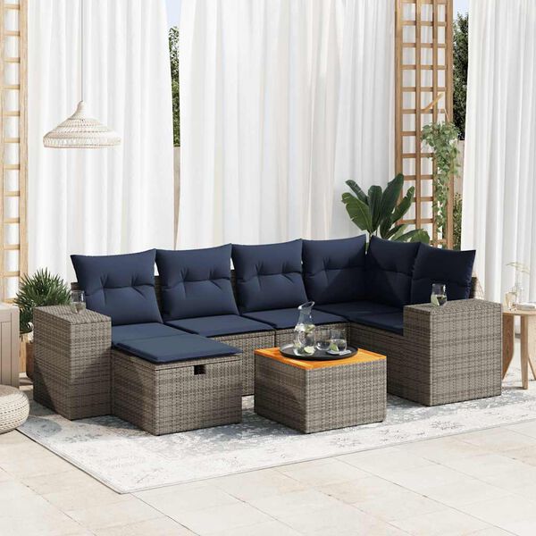 vidaXL 7-tlg. Garten-Sofagarnitur mit Kissen Grau Poly Rattan