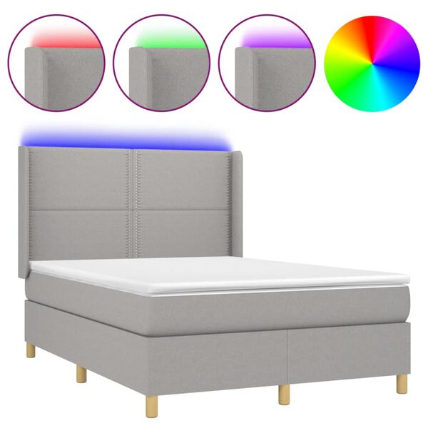 vidaXL Boxspringbett mit Matratze & LED Hellgrau 140x190 cm Stoff