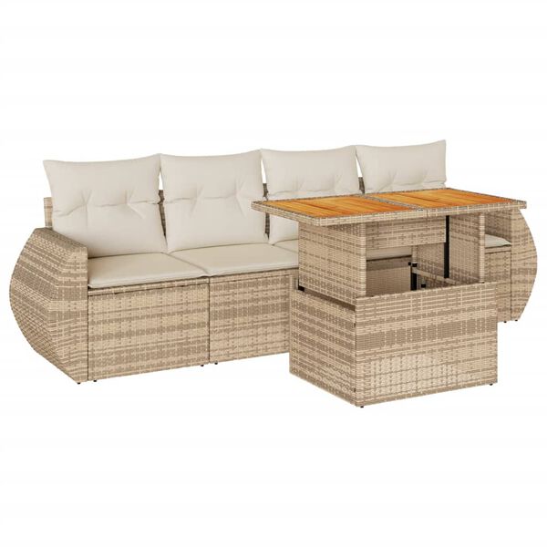 vidaXL 5-tlg. Garten-Sofagarnitur mit Kissen Beige Poly Rattan