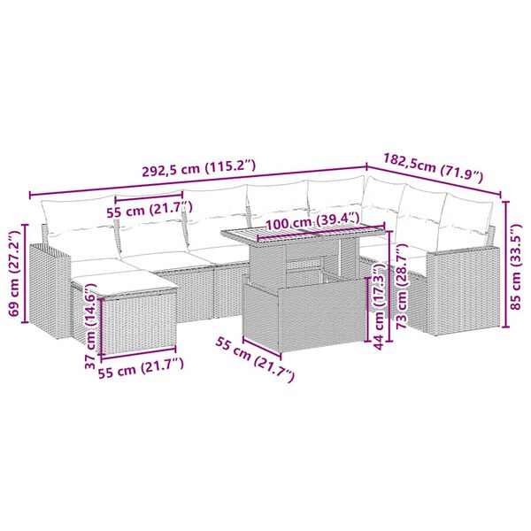vidaXL 9-tlg. Garten-Sofagarnitur mit Kissen Beige Poly Rattan