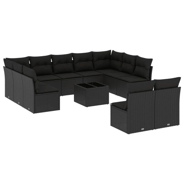 vidaXL 12-tlg. Garten-Sofagarnitur mit Kissen Schwarz Poly Rattan