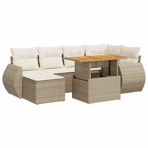 vidaXL 7-tlg. Garten-Sofagarnitur mit Kissen Beige Poly Rattan