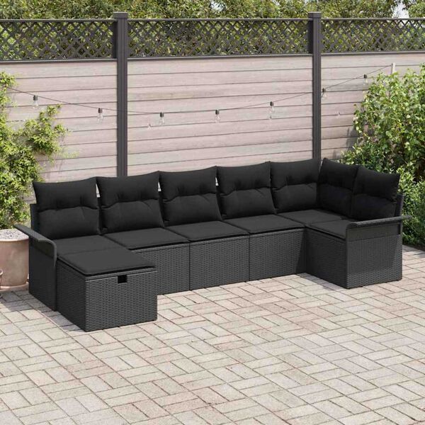 vidaXL Garten-Sofa-Set mit Kissen 7 pcs Schwarz Poly Rattan
