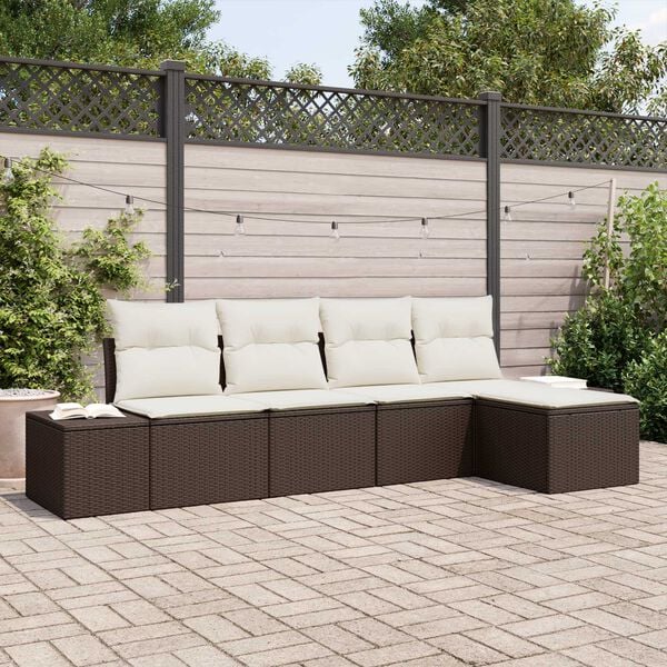 vidaXL Garten-Sofa-Set mit Kissen 5 pcs Braun Poly-Rattan