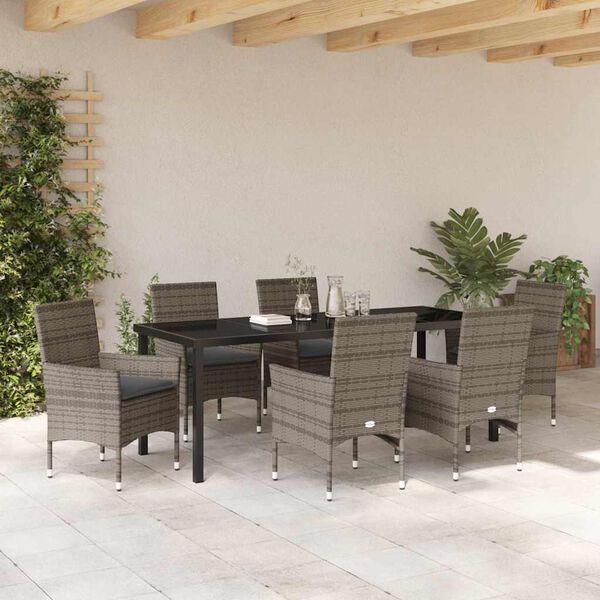vidaXL Garten Essgruppe mit Kissen 7 pcs Grau Poly-Rattan