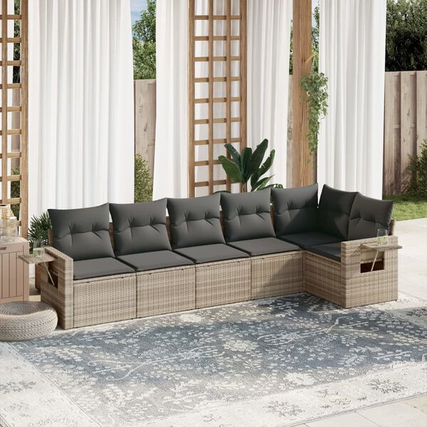 vidaXL 6-tlg. Garten-Sofagarnitur mit Kissen Hellgrau Poly Rattan