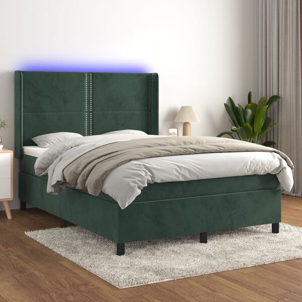 vidaXL Boxspringbett mit Matratze & LED Dunkelgr&uuml;n 140x200 cm Samt