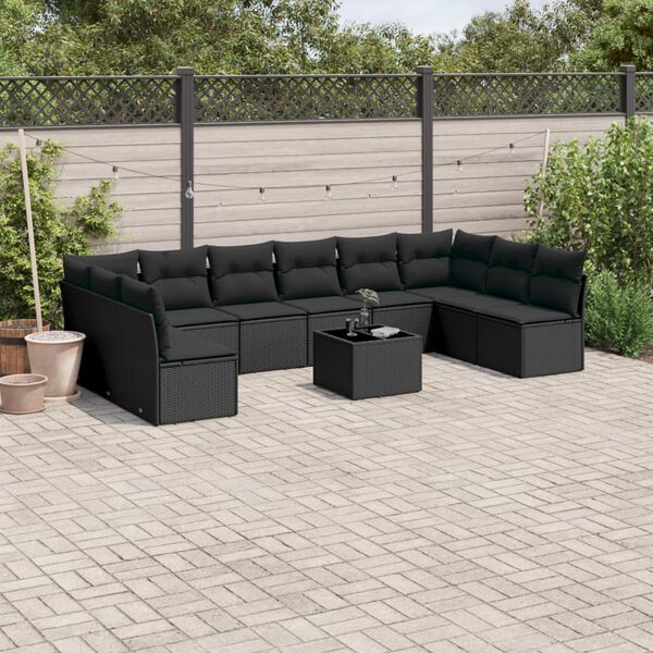 vidaXL 11-tlg. Garten-Sofagarnitur mit Kissen Schwarz Poly Rattan