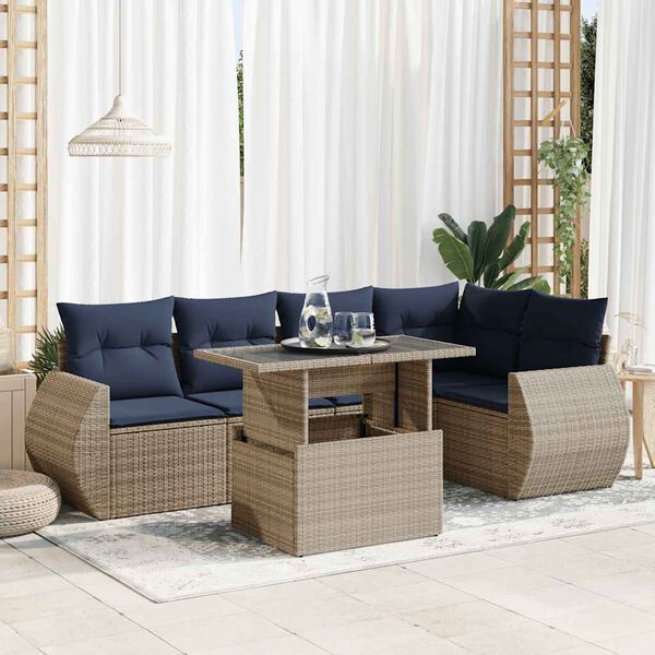 vidaXL 6-tlg. Garten-Sofagarnitur mit Kissen Grau Poly Rattan Akazie