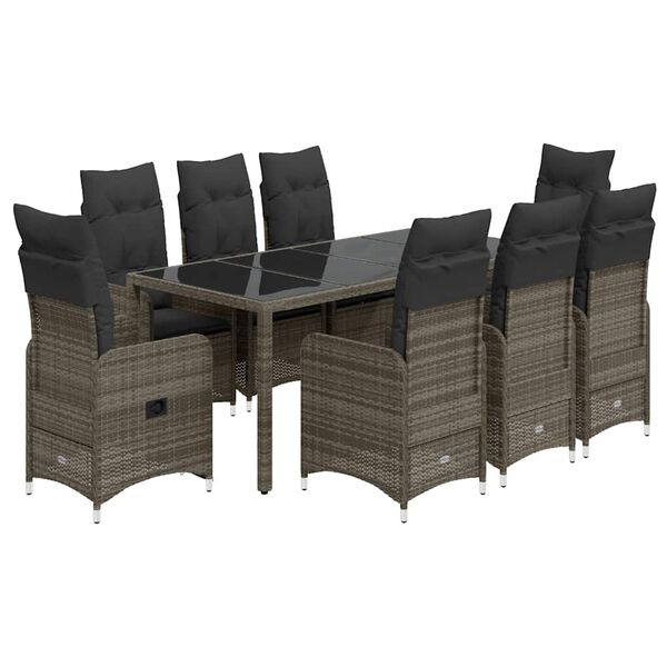 vidaXL 9-tlg. Garten-Bistro-Set mit Kissen Grau Poly Rattan