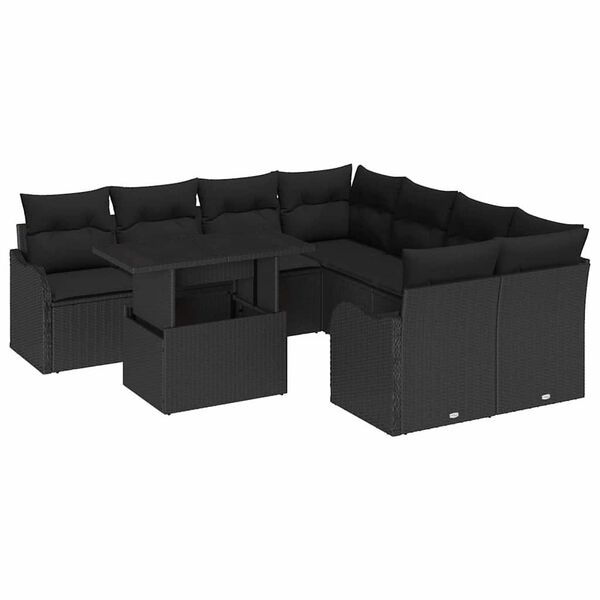 vidaXL Gartensofa-set mit Kissen 9 pcs Schwarz Poly-Rattan