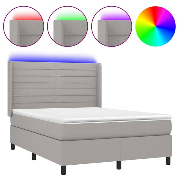 vidaXL Boxspringbett mit Matratze & LED Hellgrau 140x190 cm Stoff