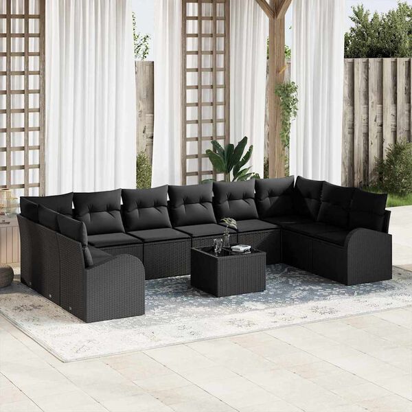 vidaXL Sofa Set mit Kissen mit Speicher 11 pcs Schwarz Poly-Rattan