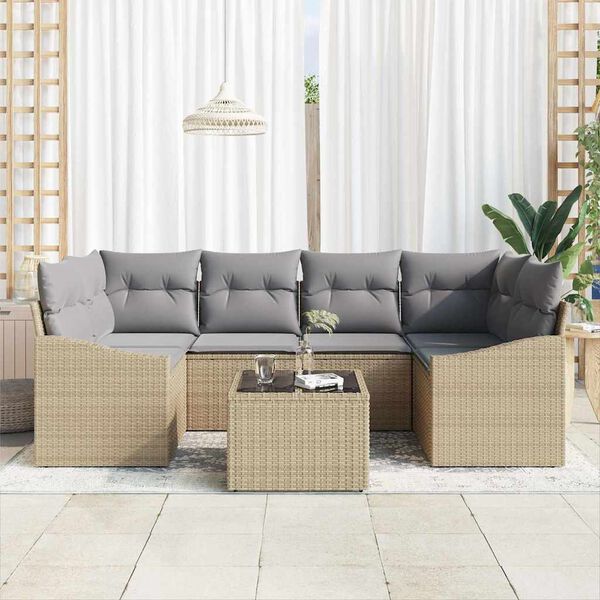 vidaXL Sofa Set mit Kissen 7 pcs Beige und Hellgrau Poly-Rattan