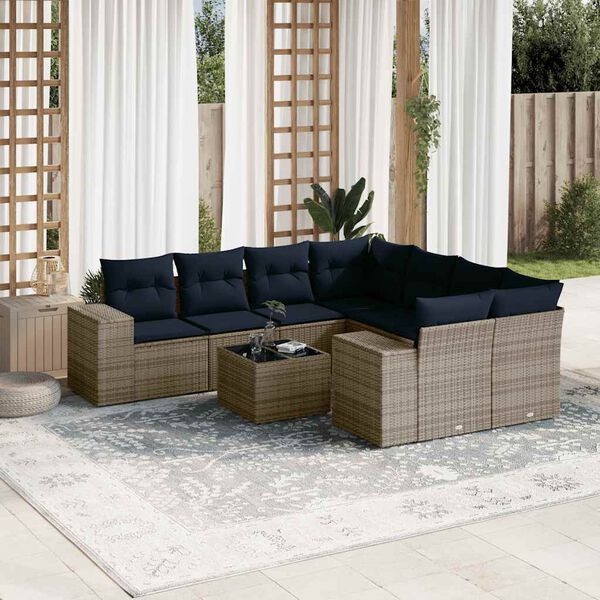 vidaXL 9-teiliges Gartensofa-Set mit Kissen, grau, Polyrattan