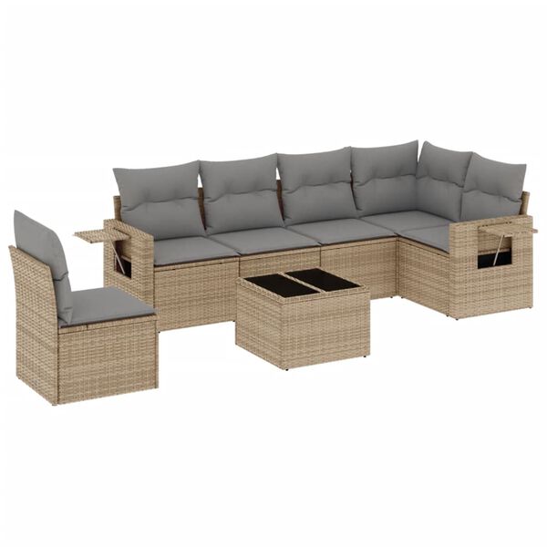 vidaXL 7-tlg. Garten-Sofagarnitur mit Kissen Beige Poly Rattan