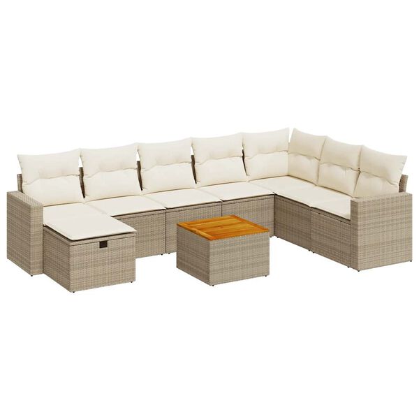 vidaXL 9-tlg. Garten-Sofagarnitur mit Kissen Beige Poly Rattan