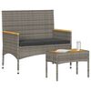 vidaXL Gartenbank 2-Sitzer mit Kissen und Tisch Grau Poly Rattan