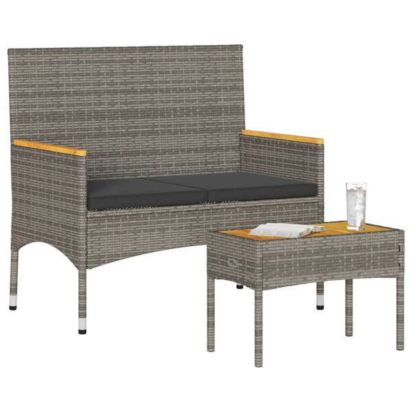 vidaXL Gartenbank 2-Sitzer mit Kissen und Tisch Grau Poly Rattan