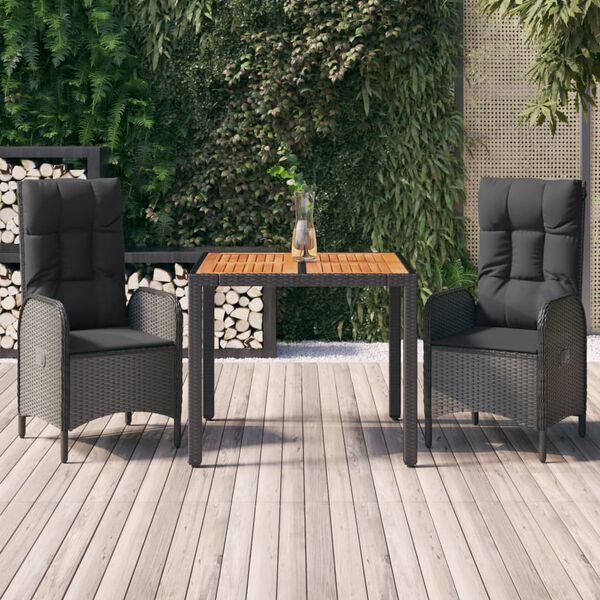 vidaXL 3-tlg. Garten-Essgruppe mit Kissen Schwarz Poly Rattan