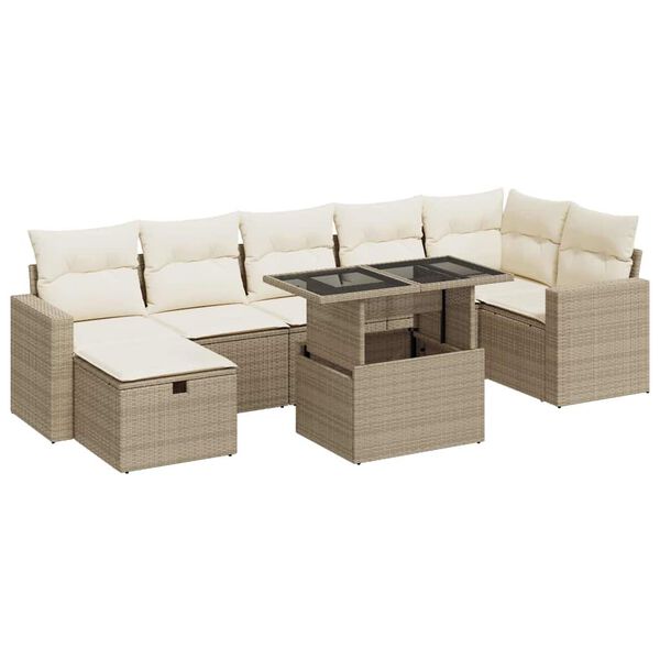 vidaXL 8-tlg. Garten-Sofagarnitur mit Kissen Beige Poly Rattan