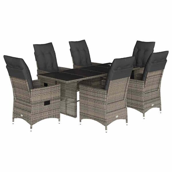 vidaXL 7-tlg. Garten-Essgruppe mit Kissen Grau Poly Rattan