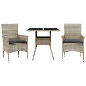 vidaXL 3-tlg. Garten-Essgruppe mit Kissen Hellgrau Poly Rattan Glas