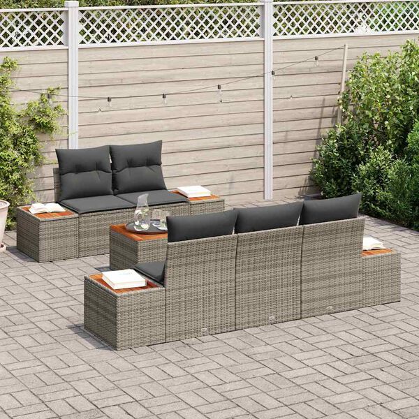 vidaXL Garten-Sofa-Set mit Kissen mit Speicher 6 pcs Grau Poly Rattan