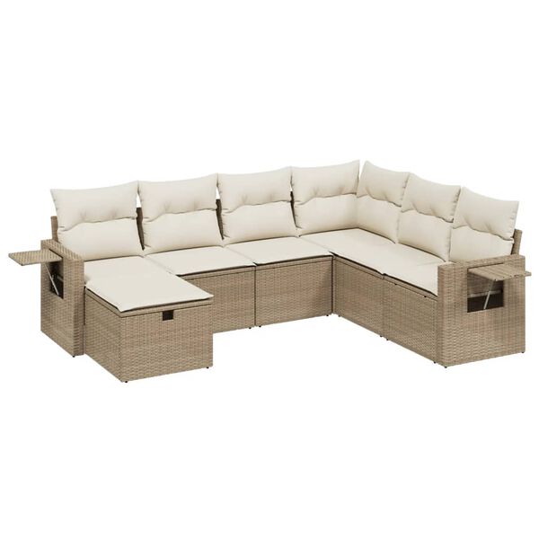 vidaXL 7-tlg. Garten-Sofagarnitur mit Kissen Beige Poly Rattan