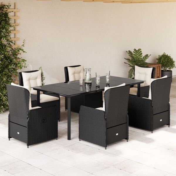 vidaXL 7-tlg. Garten-Essgruppe mit Kissen Schwarz Poly Rattan