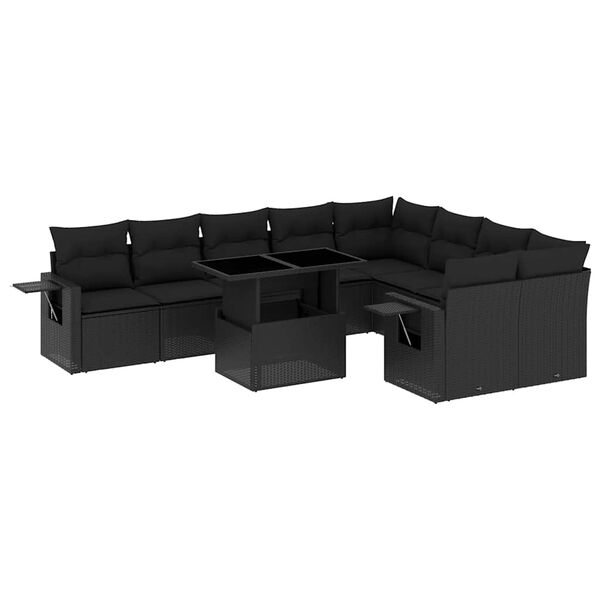 vidaXL 10-tlg. Garten-Sofagarnitur mit Kissen Schwarz Poly Rattan