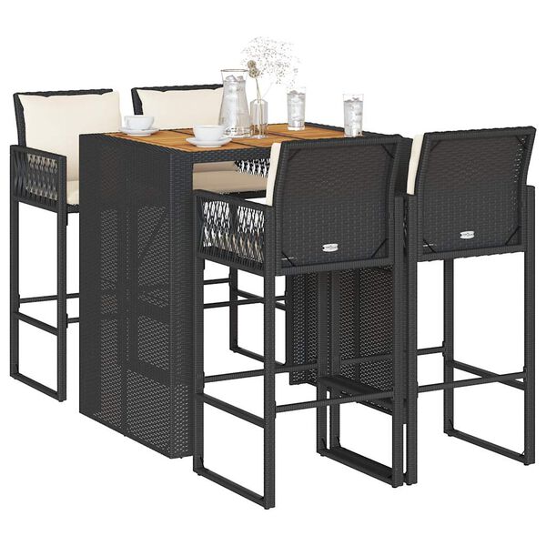 vidaXL 5-tlg. Gartenbar-Set mit Kissen Schwarz Poly Rattan Akazie