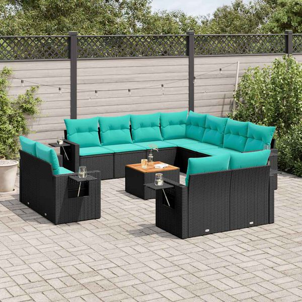 vidaXL 12-teiliges Gartensofa-Set mit Kissen, schwarzes Polyrattan