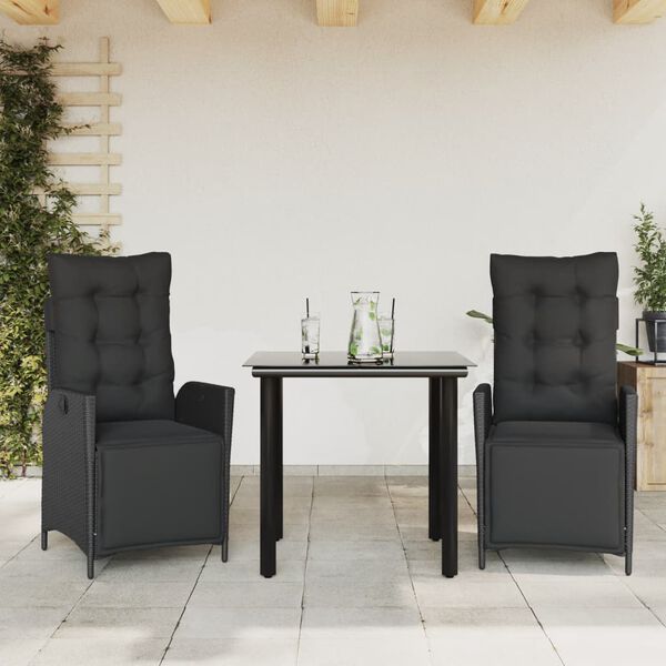 vidaXL 3-tlg. Garten-Essgruppe mit Kissen Schwarz Poly Rattan