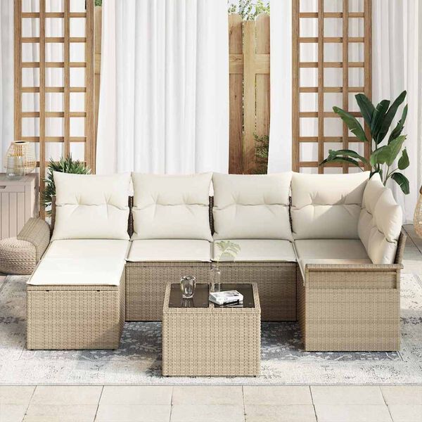 vidaXL Gartensofa-set mit Kissen 7 pcs Beige Poly-Rattan