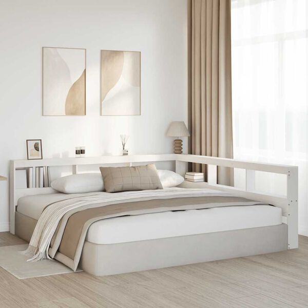 vidaXL Kopfteil mit B&uuml;cherregal L-Form Wei&szlig; 180 cm Massivholz Kiefer