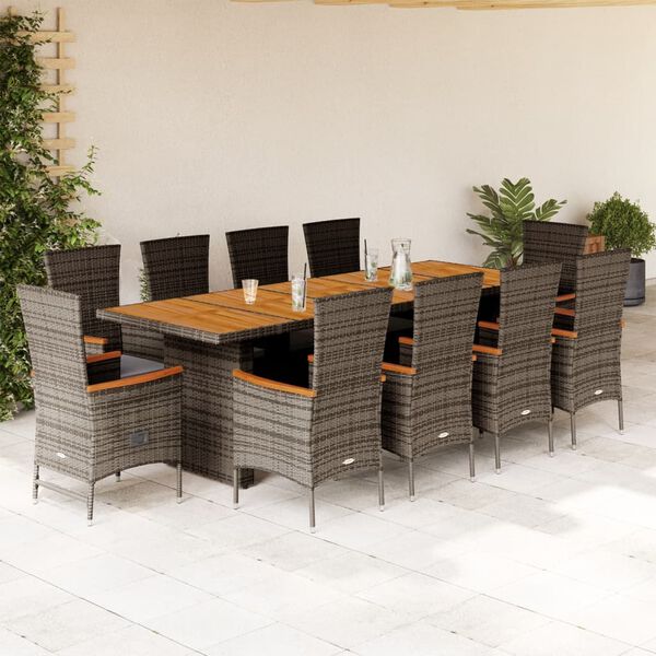 vidaXL 11-tlg. Garten-Essgruppe mit Kissen Grau Poly Rattan