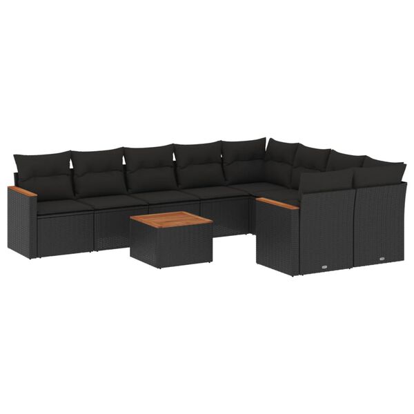 vidaXL 10-tlg. Garten-Sofagarnitur mit Kissen Schwarz Poly Rattan