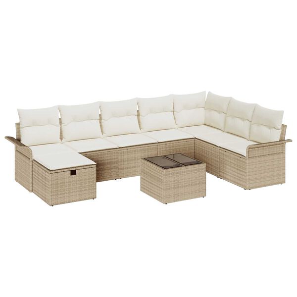 vidaXL Garten-Sofa-Set mit Kissen mit Speicher 9 pcs Beige Poly Rattan