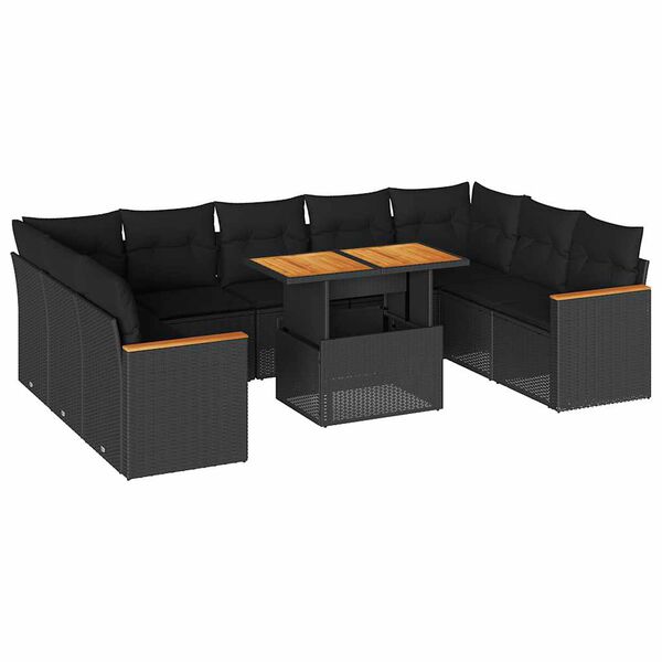 vidaXL 10-tlg. Garten-Sofagarnitur mit Kissen Schwarz Poly Rattan