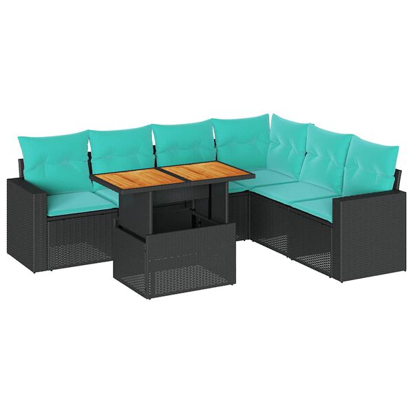 vidaXL 7-tlg. Garten-Sofagarnitur mit Kissen Schwarz Poly Rattan