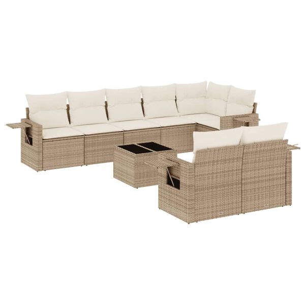 vidaXL 9-tlg. Garten-Sofagarnitur mit Kissen Beige Poly Rattan