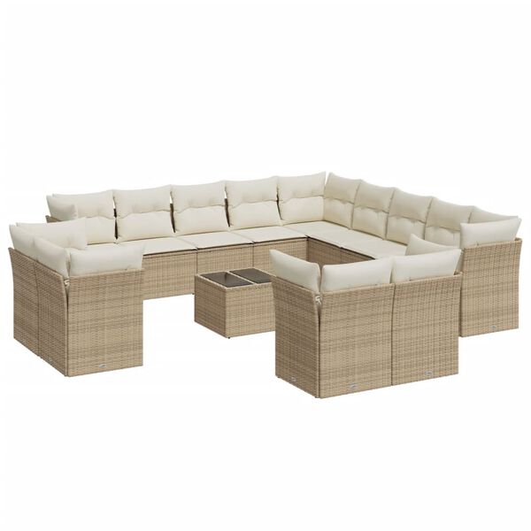 vidaXL 14-tlg. Garten-Sofagarnitur mit Kissen Beige Poly Rattan