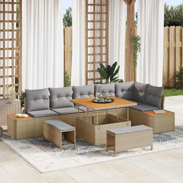 vidaXL Gartensofa-set mit Kissen mit Speicher 9 pcs Beige Poly Rattan