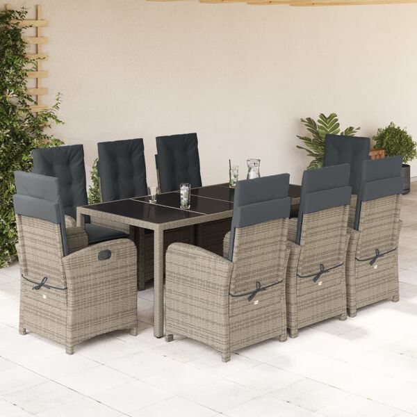vidaXL 9-tlg. Garten-Essgruppe mit Kissen Grau Poly Rattan