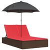 vidaXL Doppel-Sonnenliege mit Kissen & Sonnenschirm Braun Poly Rattan