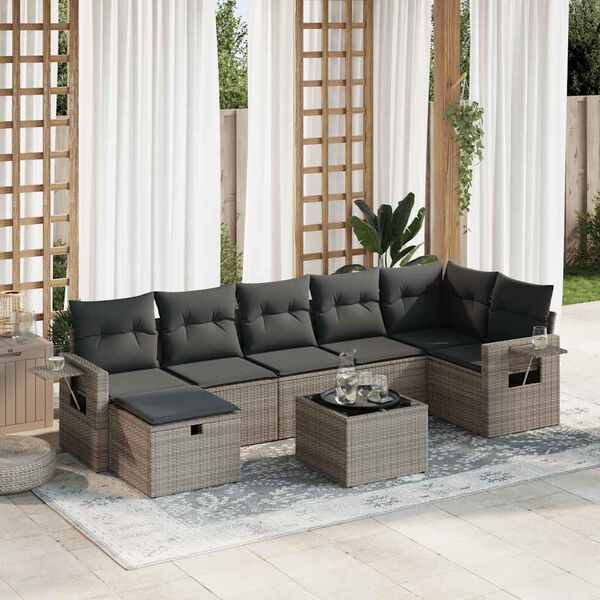 vidaXL 8-tlg. Garten-Sofagarnitur mit Kissen Grau Poly Rattan