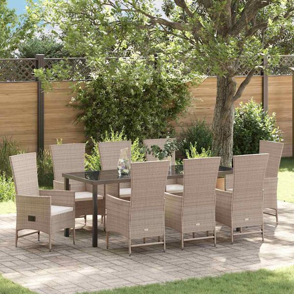 vidaXL Garten Essgruppe mit Kissen 9 pcs Beige Poly-Rattan